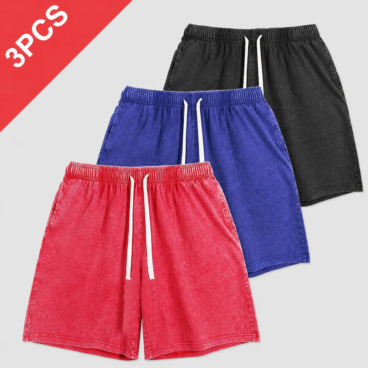 Men's 100% Combed Cotton Washed Drawstring Beach Shorts - Above-the-Knee, Elastic Waist, Loose Fit, Breathable Comfy Fabric, Side Pockets, Summer Casual Wear, S-3XL