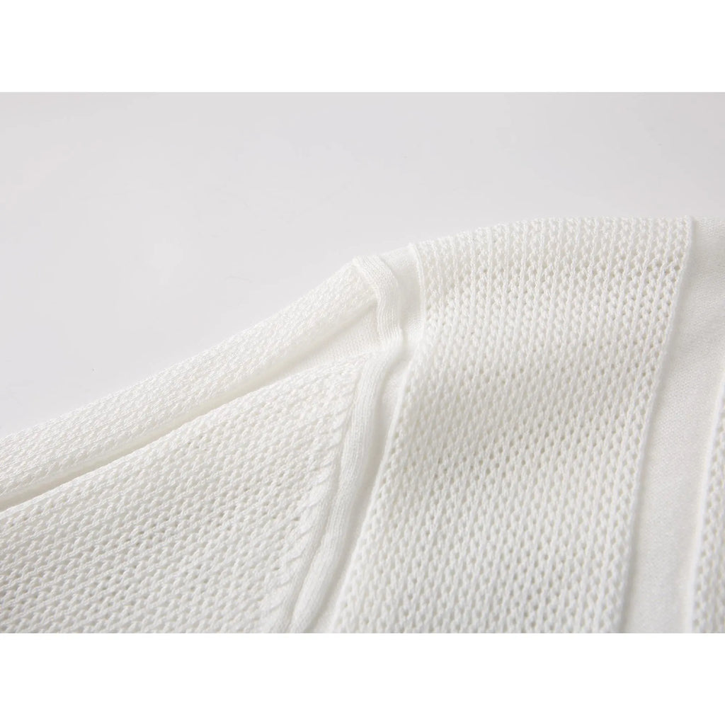 Vertical ribbed hollow knit short sleeve polo top with notch lapel open V-neck and ribbed cuffs, breathable lightweight stretch fabric slim tailored silhouette refined daily essential to build modern minimalist mensfashion outfits