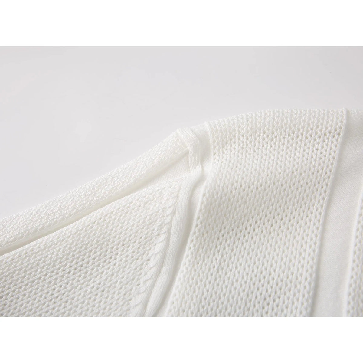 Vertical ribbed hollow knit short sleeve polo top with notch lapel open V-neck and ribbed cuffs, breathable lightweight stretch fabric slim tailored silhouette refined daily essential to build modern minimalist mensfashion outfits