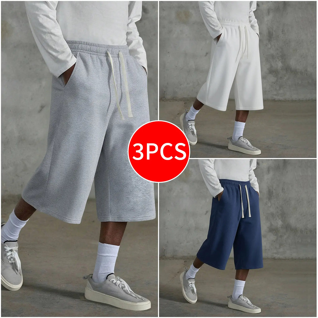 3-pack Men’s casual seven-eighths shorts, summer street style; men’s straight-leg athletic pants; soft, comfortable jogging pants with pockets—suitable for everyday life, work, travel, running, leisure, and outdoor activities.
