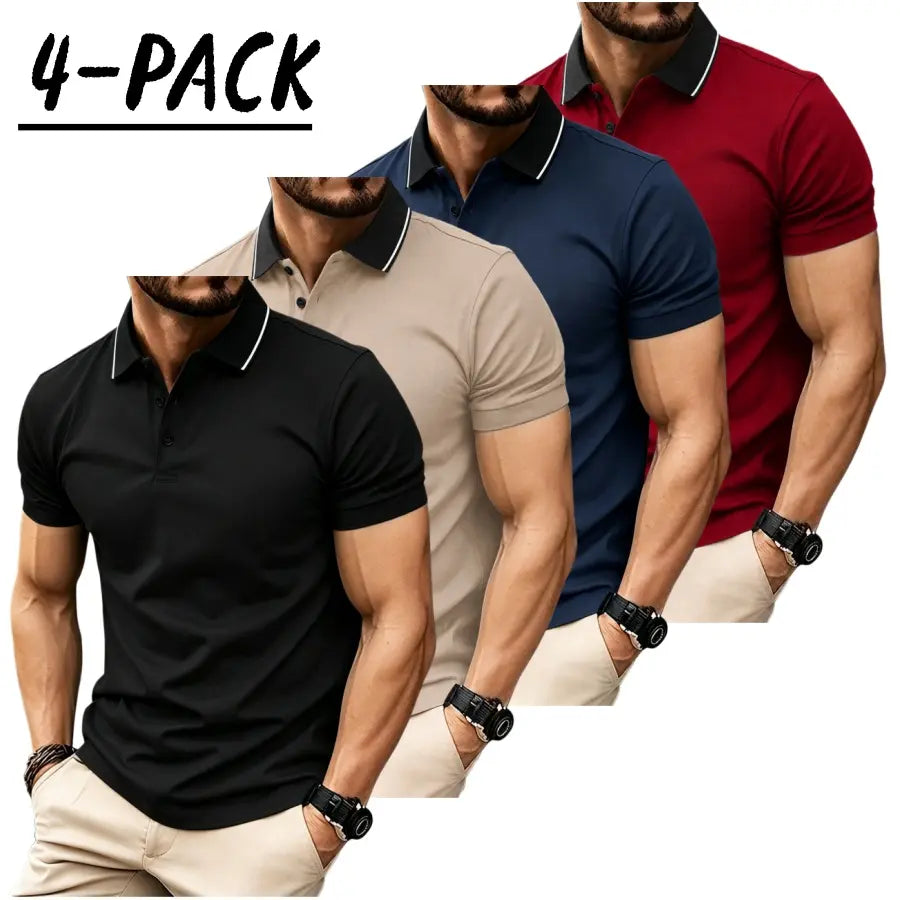 Men’s short sleeve polo shirt set of four pieces with a turn down collar and three buttons; urban casual style with contrast piping at the collar, slim tailored shoulders, and refined bead detailing. Suitable for men’s commuting, shopping, and exploring s