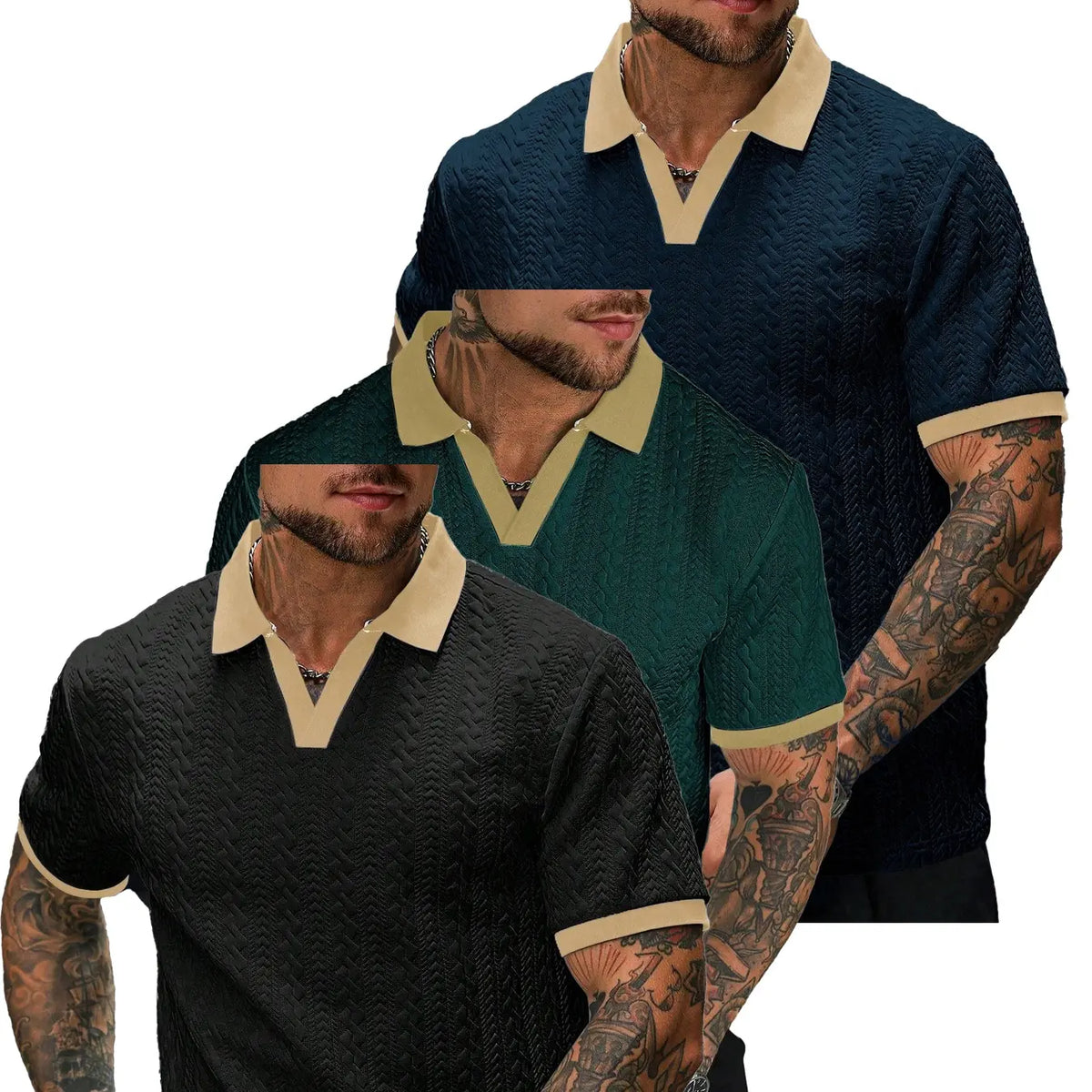 Men’s Cream V-Neck Polyester Knit Polo Shirt - Contrast-Color, Short-Sleeve, Textured, Retro-Style, Fitted Cut, Medium Length Male Clothing for Casual Commuting, Moire Stripes