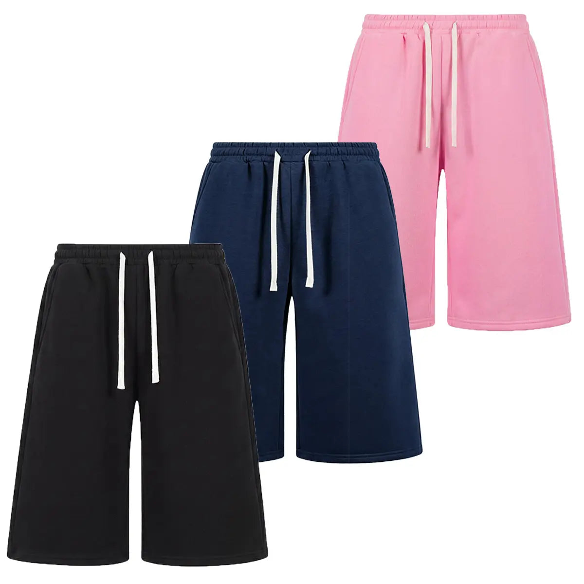 Men’s H-Type Fitted Cut Knit Capri Wide-Leg Shorts, Elastic Waistband with Drawstring, Adjustable Fit, Solid Color, Soft Comfortable, Pockets, for Casual/Athletic Wear, Available in Pink (Pairs with Sneakers)/Beige