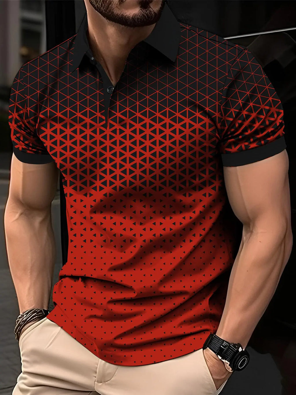 Men's Regular Fit Ombre Geometric Print Short Sleeve Jersey Fabric Polo Shirt, Printed Shirts, Fitted Stretch, Casual Alternative Graphic Button Front Half Placket Collared Top for Summer, Menswear