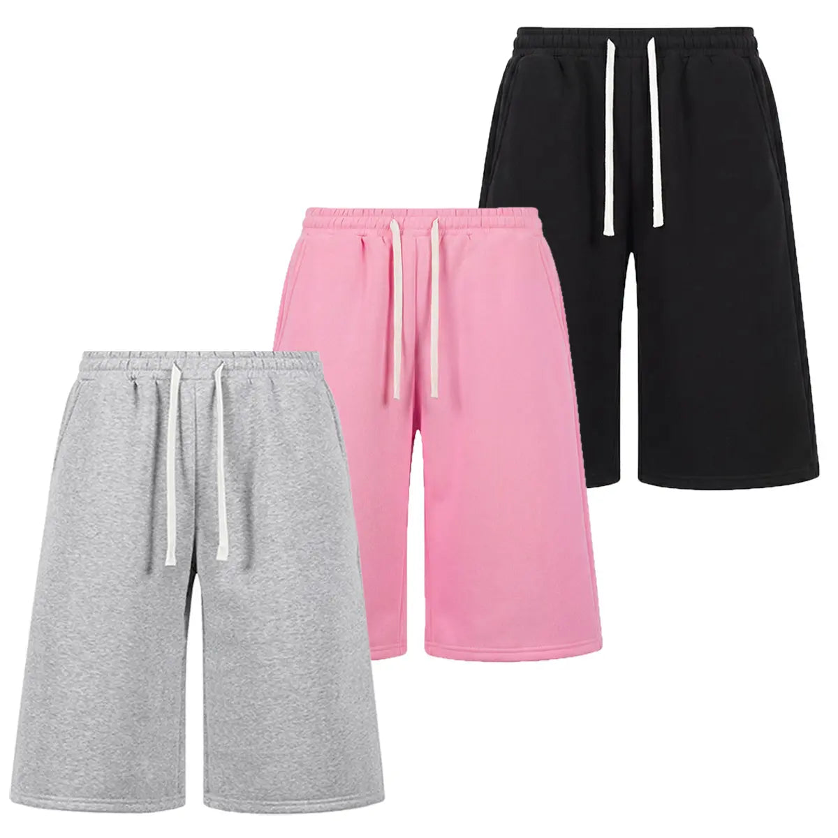 Men’s H-Type Fitted Cut Knit Capri Wide-Leg Shorts, Elastic Waistband with Drawstring, Adjustable Fit, Solid Color, Soft Comfortable, Pockets, for Casual/Athletic Wear, Available in Pink (Pairs with Sneakers)/Beige
