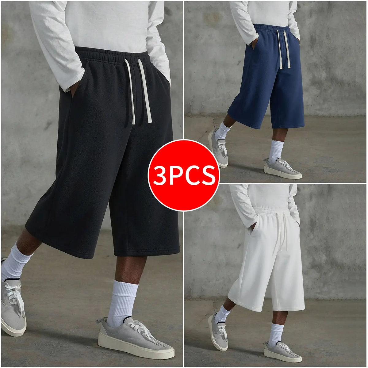 3-pack Men’s casual seven-eighths shorts, summer street style; men’s straight-leg athletic pants; soft, comfortable jogging pants with pockets—suitable for everyday life, work, travel, running, leisure, and outdoor activities.