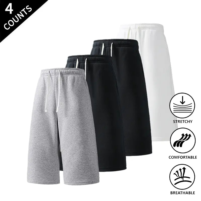 Men's Plain Stretchy Mid-Calf Cropped Pants 4-Pack - Menswear Sports Clothes for Casual, Outdoor Use - Available in Light Gray + Black + Rose Red + Navy Blue