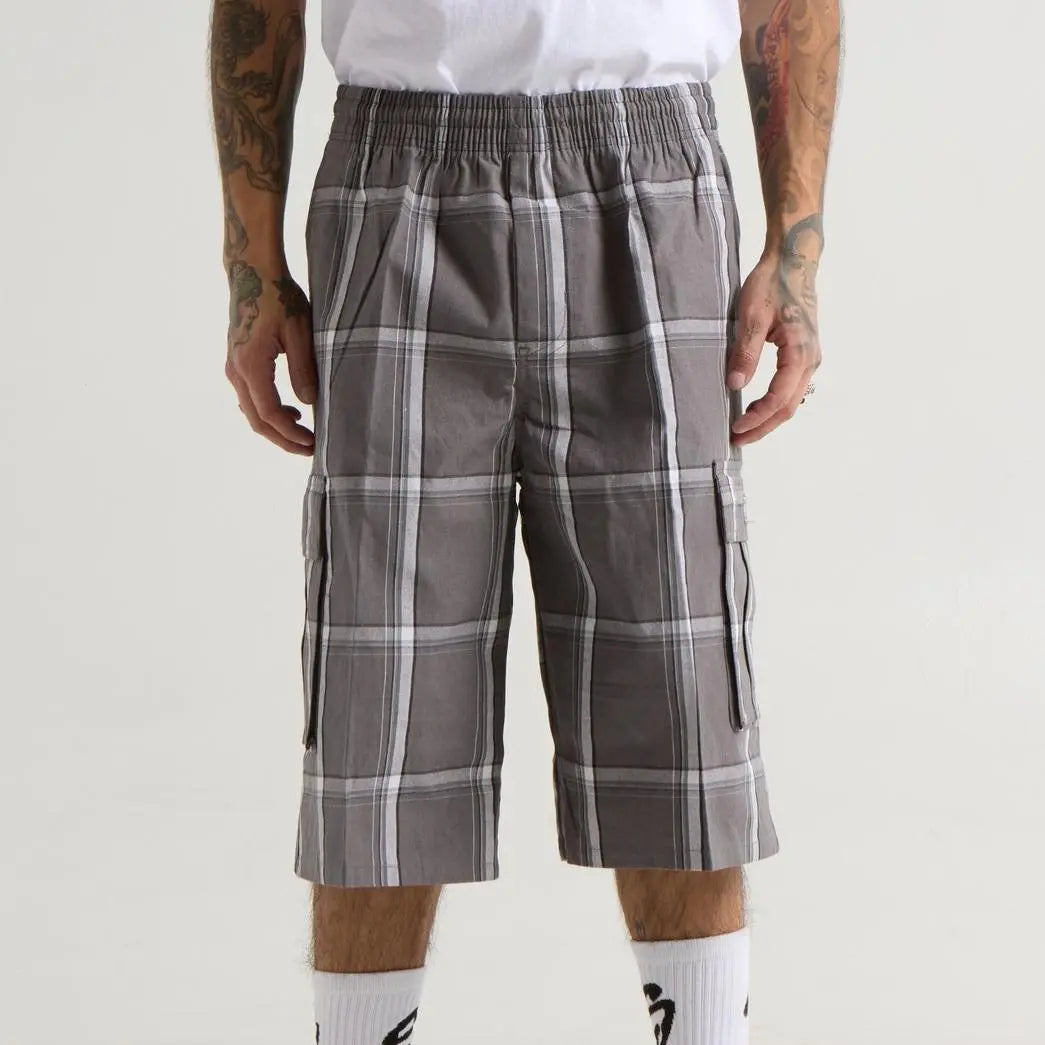 SHAKAWEAR Men's Checked Plaid Casual Streetwear Cargo Shorts - Stretch, 6 Pockets, Drawstrings, Versatile Outfits