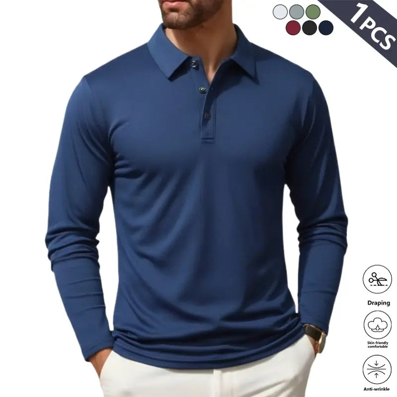 Clean Gent 4-Piece Men's Long Sleeve Polo Shirt, Soft and Comfortable Men's Golf Shirt, Casual Long Sleeve Classic POLO Shirt, Button Front Blouse, Elastic Fashion Men's Clothing, All Seasons