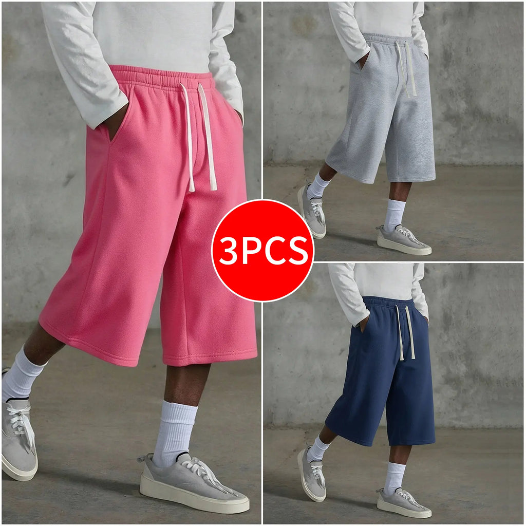 3-pack Men’s casual seven-eighths shorts, summer street style; men’s straight-leg athletic pants; soft, comfortable jogging pants with pockets—suitable for everyday life, work, travel, running, leisure, and outdoor activities.