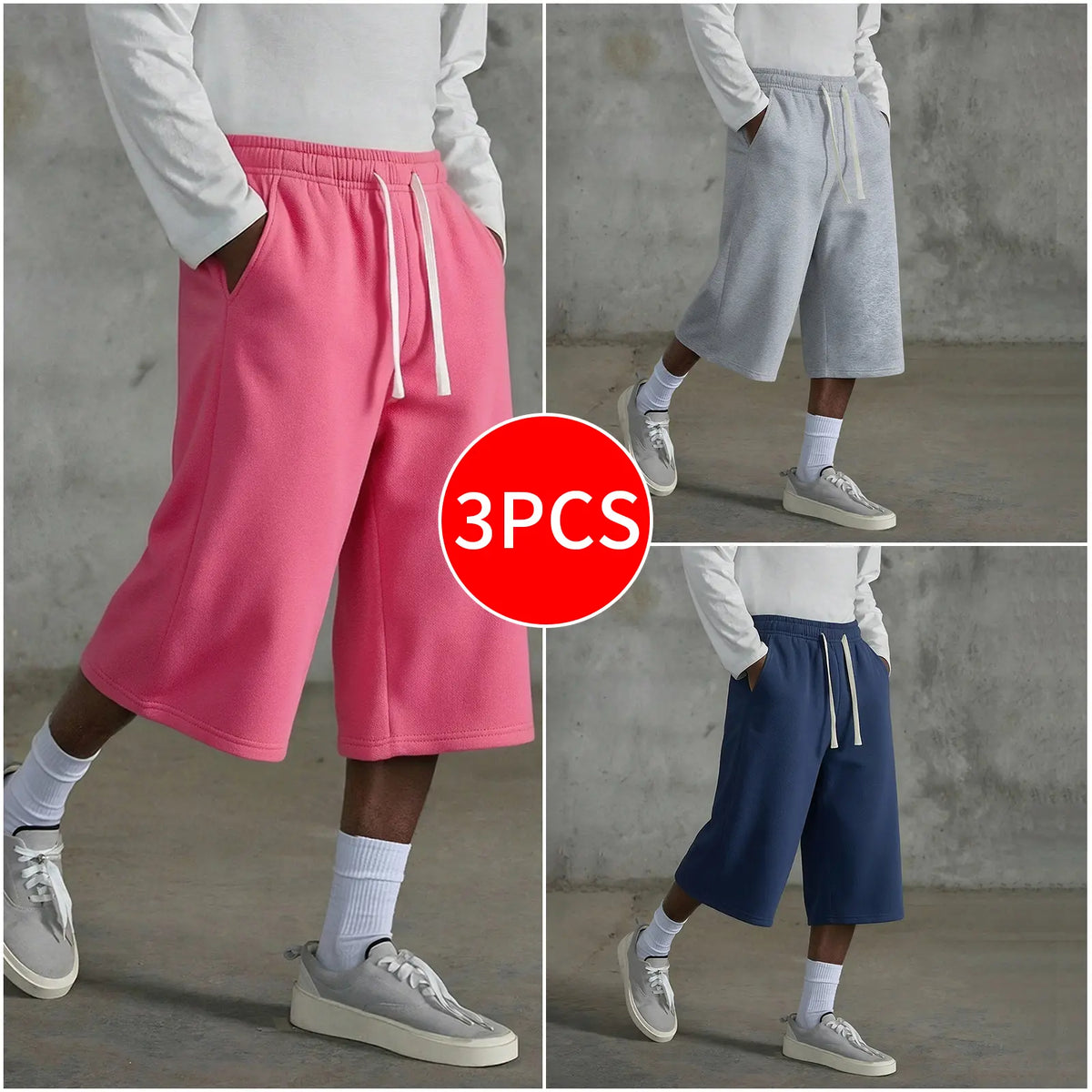 3-pack Men’s casual seven-eighths shorts, summer street style; men’s straight-leg athletic pants; soft, comfortable jogging pants with pockets—suitable for everyday life, work, travel, running, leisure, and outdoor activities.