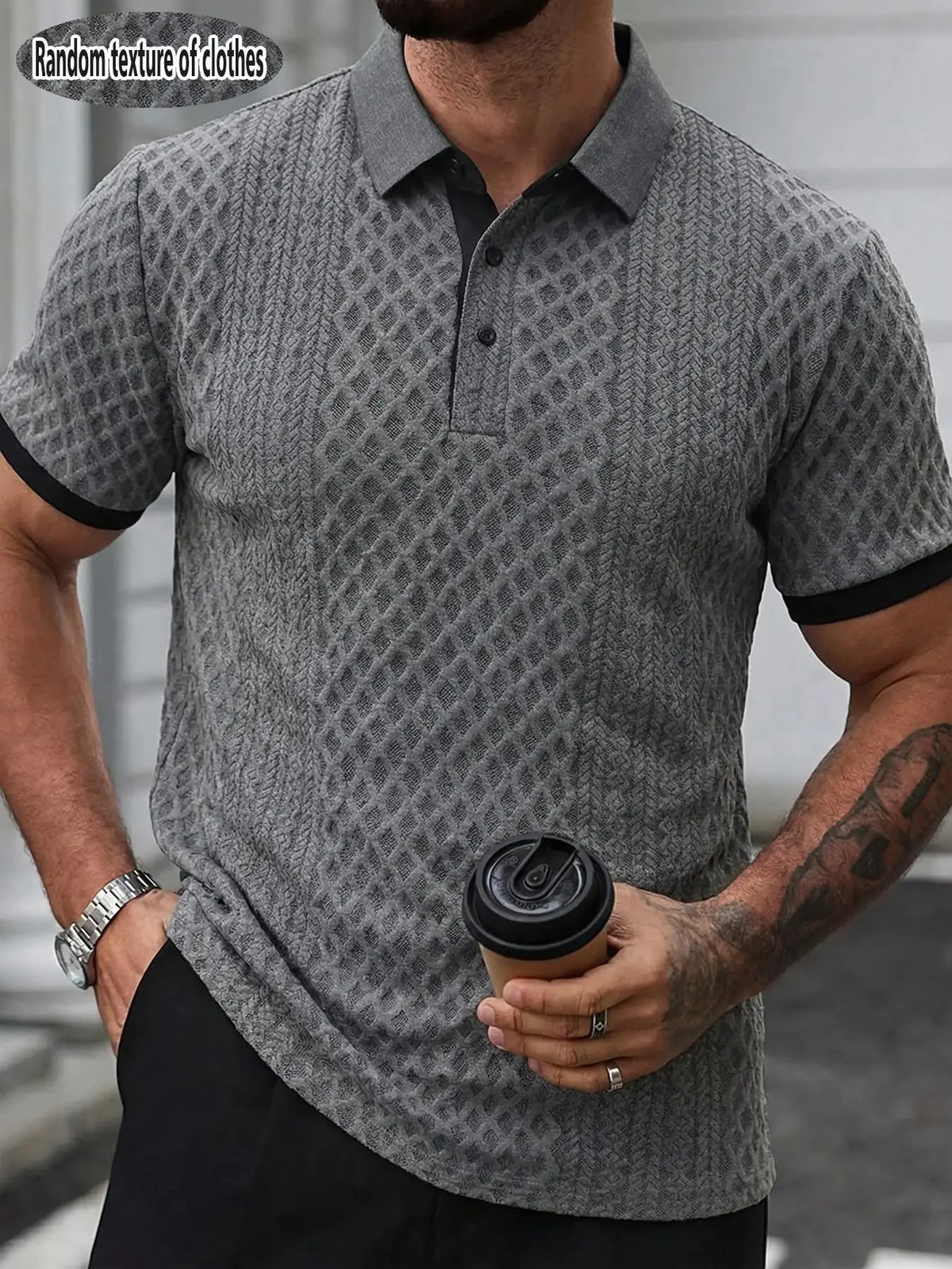 Men's High-End Textured Golf Polo Shirt, Casual Jacquard Knit Short Sleeve Top, Stylish and Comfortable Men's Apparel, Casual Golf Polos