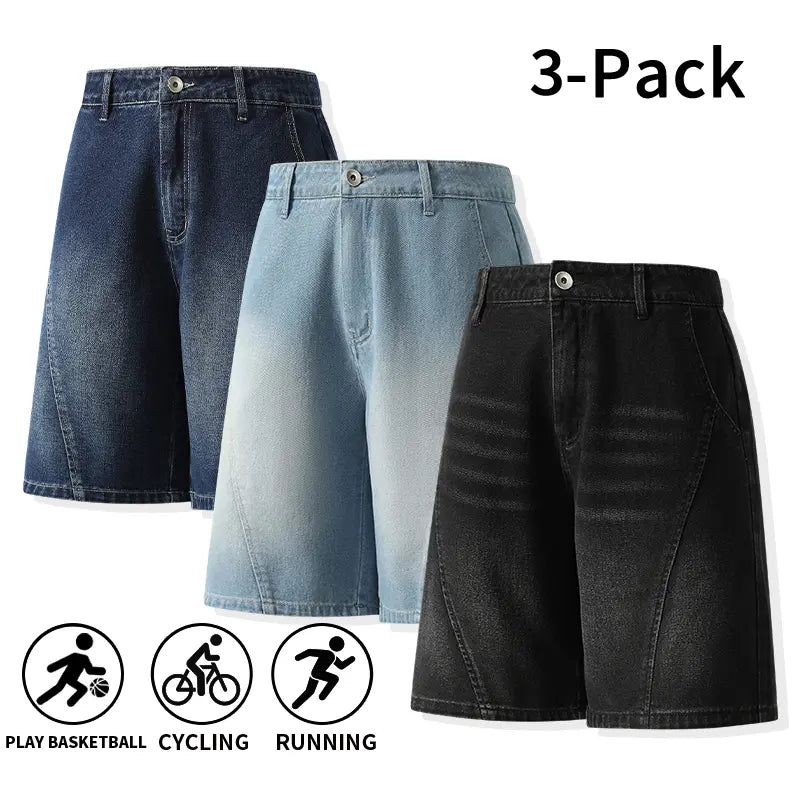 Men's 3-Pack Washed Denim Bermuda Shorts Outfits Set - Loose-Fit, Breezy Cut, Knee-Length, Breathable, Machine Wash, Sporty Casual for Outdoor, Everyday Wear