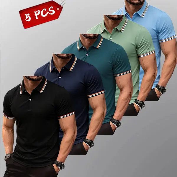 Men's 5-Pack Knit Striped Collar Short-Sleeve Fitted Polo Shirts - Slim Fit, Classic Button Front, Polyester Fabric, Breathable Moisture-Wicking Drip Dry, Cold Wash, Work Outdoor Tops, Menswear