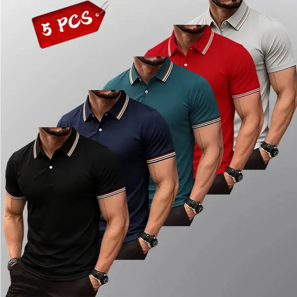 Men's 5-Pack Knit Striped Collar Short-Sleeve Fitted Polo Shirts - Slim Fit, Classic Button Front, Polyester Fabric, Breathable Moisture-Wicking Drip Dry, Cold Wash, Work Outdoor Tops, Menswear