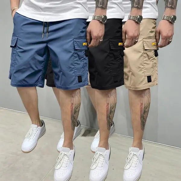 Men's 3-Piece Plain Streetwear Utility Outfits - Hoodie, Multi-Pocket Design Lightweight Mid-Rise Utility Men's Shorts, Comfortable Stylish Outdoor Clothes, Suitable for Everyday Casual & Sports Wear, Beige, Multi-Pocket Design Men's Shorts
