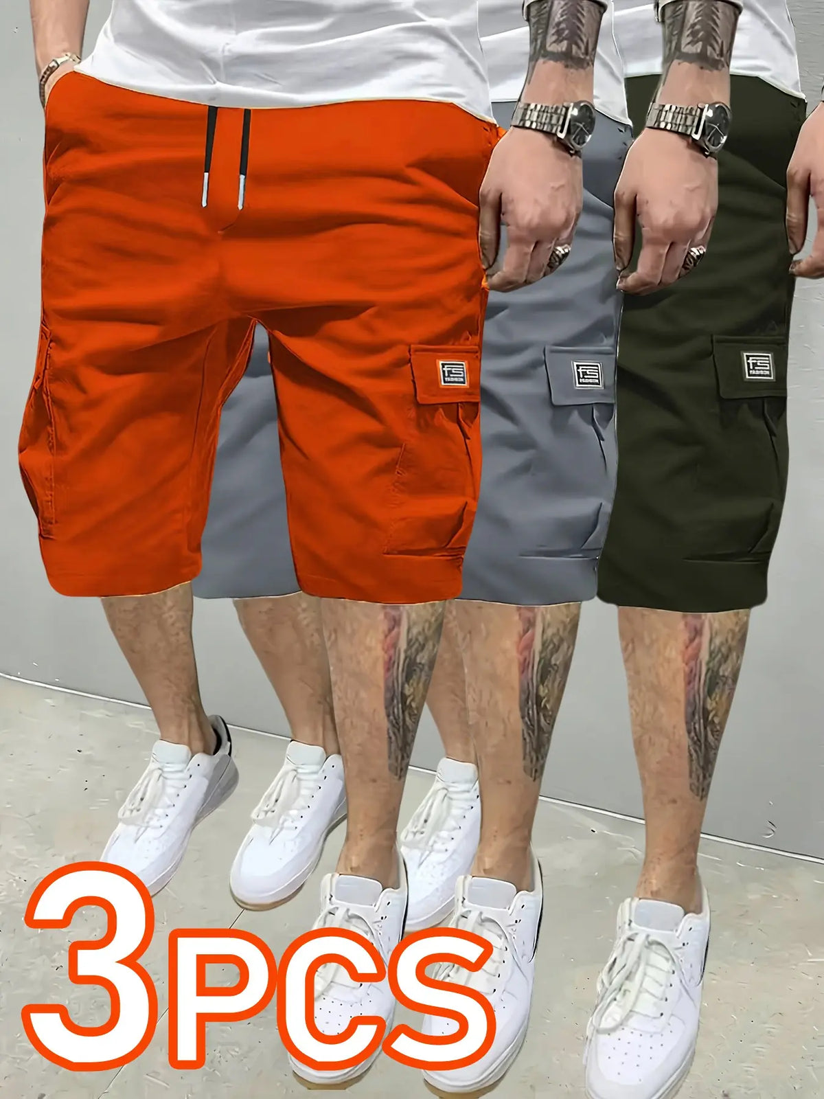 3 pieces 3counts 3pcs Men's Summer Casual Outdoor Shorts, Wear-Resistant Workwear Pants, Plain Color Cargo Shorts with Multiple Pockets, Elastic Waist