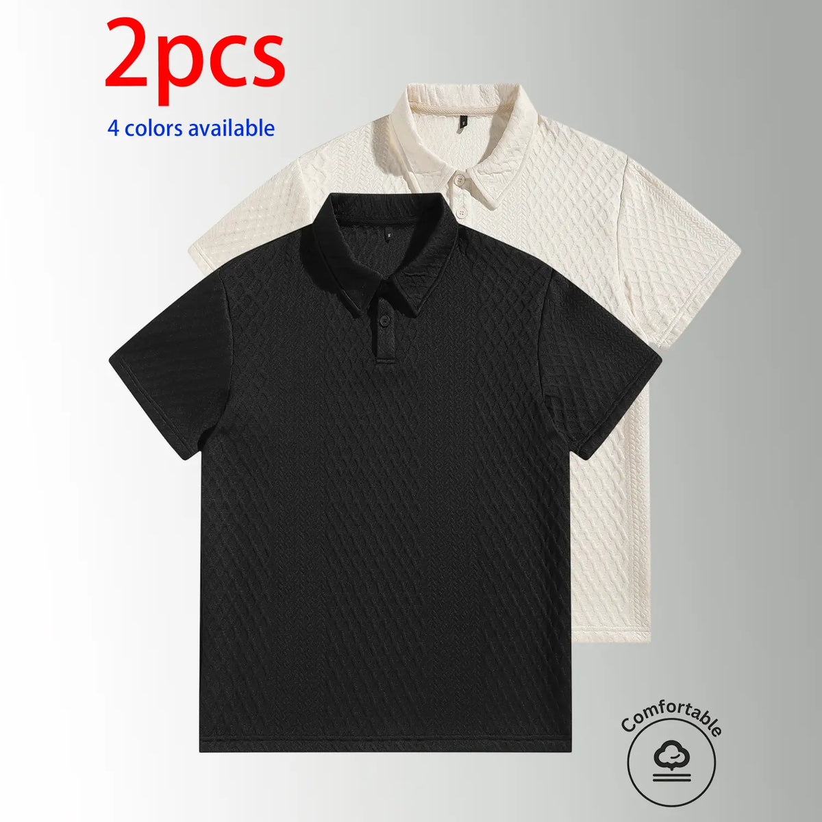 2-pack men’s short-sleeve polo shirts, men’s summer short-sleeve shirts. Men’s diamond jacquard bubble polo shirt, loose fit, no-fit style, solid color turn-down collar short sleeves, skin-friendly, breathable, comfortable, versatile. Suitable for everyda