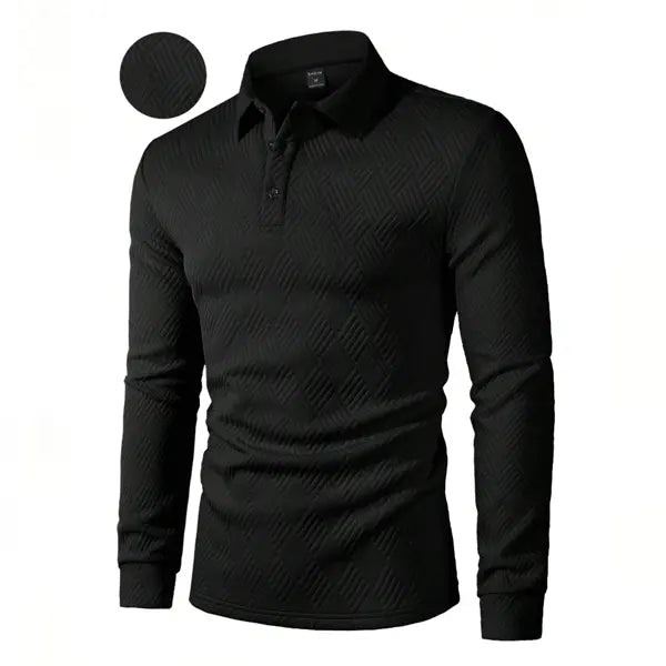 Men's Fitted 3-Piece Set Jacquard Pattern Heavyweight Fabric Button-Front Long Sleeve Polo Shirt - Ideal for Daily Commutes, Business Office Work