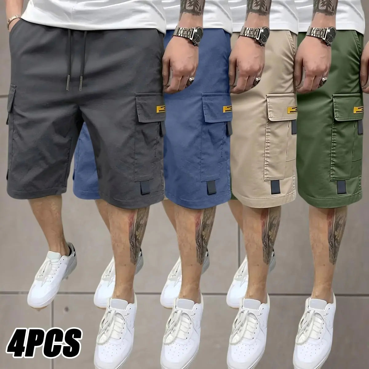 Men's Mid-Rise Fitted Plain Cargo Shorts 4-Pcs Menswear Set (Black, Gray, Khaki, Blue) - Durable, Breathable, Hand-Washable for Outdoor Adventures, Casual Wear, Men's Shorts, Mid-Rise Men's Shorts