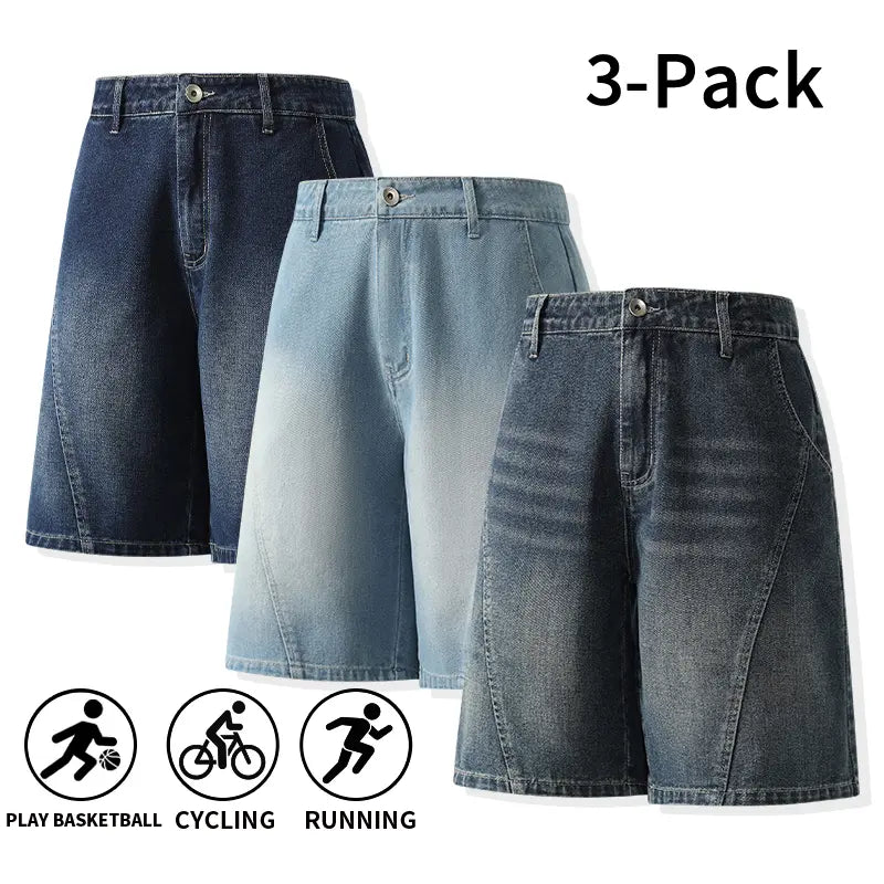 Men's 3-Pack Washed Denim Bermuda Shorts Outfits Set - Loose-Fit, Breezy Cut, Knee-Length, Breathable, Machine Wash, Sporty Casual for Outdoor, Everyday Wear