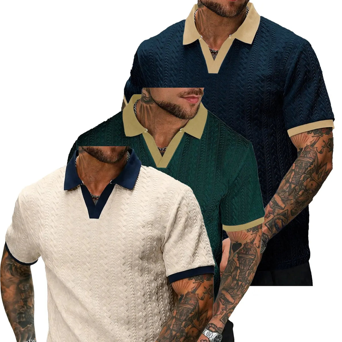 Men’s Cream V-Neck Polyester Knit Polo Shirt - Contrast-Color, Short-Sleeve, Textured, Retro-Style, Fitted Cut, Medium Length Male Clothing for Casual Commuting, Moire Stripes