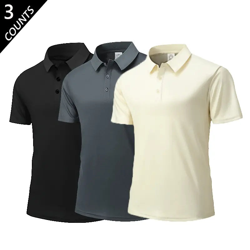 Men's 3-Pack Plain Polo Shirts - Fitted Top with Soft Breathable 100% Polyester Fabric, Short Sleeves, Classic Collar, Button Front, Ideal for Work, Golf