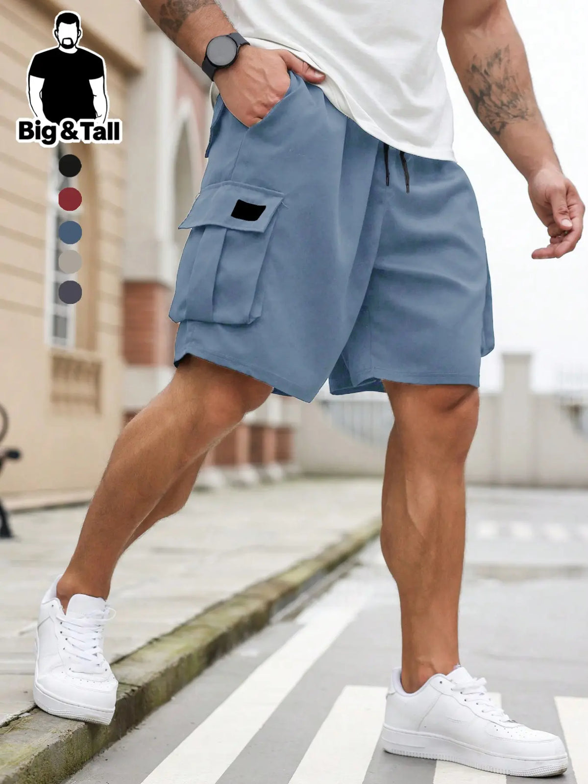 Men's Plus Size Shorts with Pockets and Drawstring Waist, Casual Streetwear Summer Shorts, Breathable Lightweight Shorts, Comfortable Fit with Fashion Slimming Design, Polyester Material