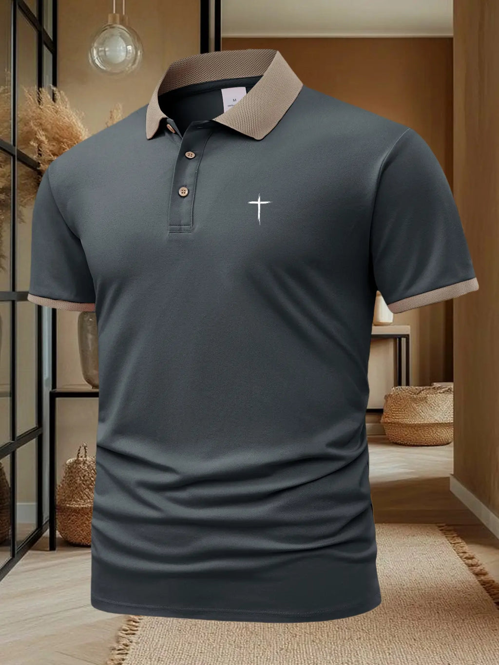 Men's Cross Print Casual Classic Short Sleeve Polo Shirt, Summer Fashion Breathable Top, Stylish Leisure Wear, Perfect Gift Idea