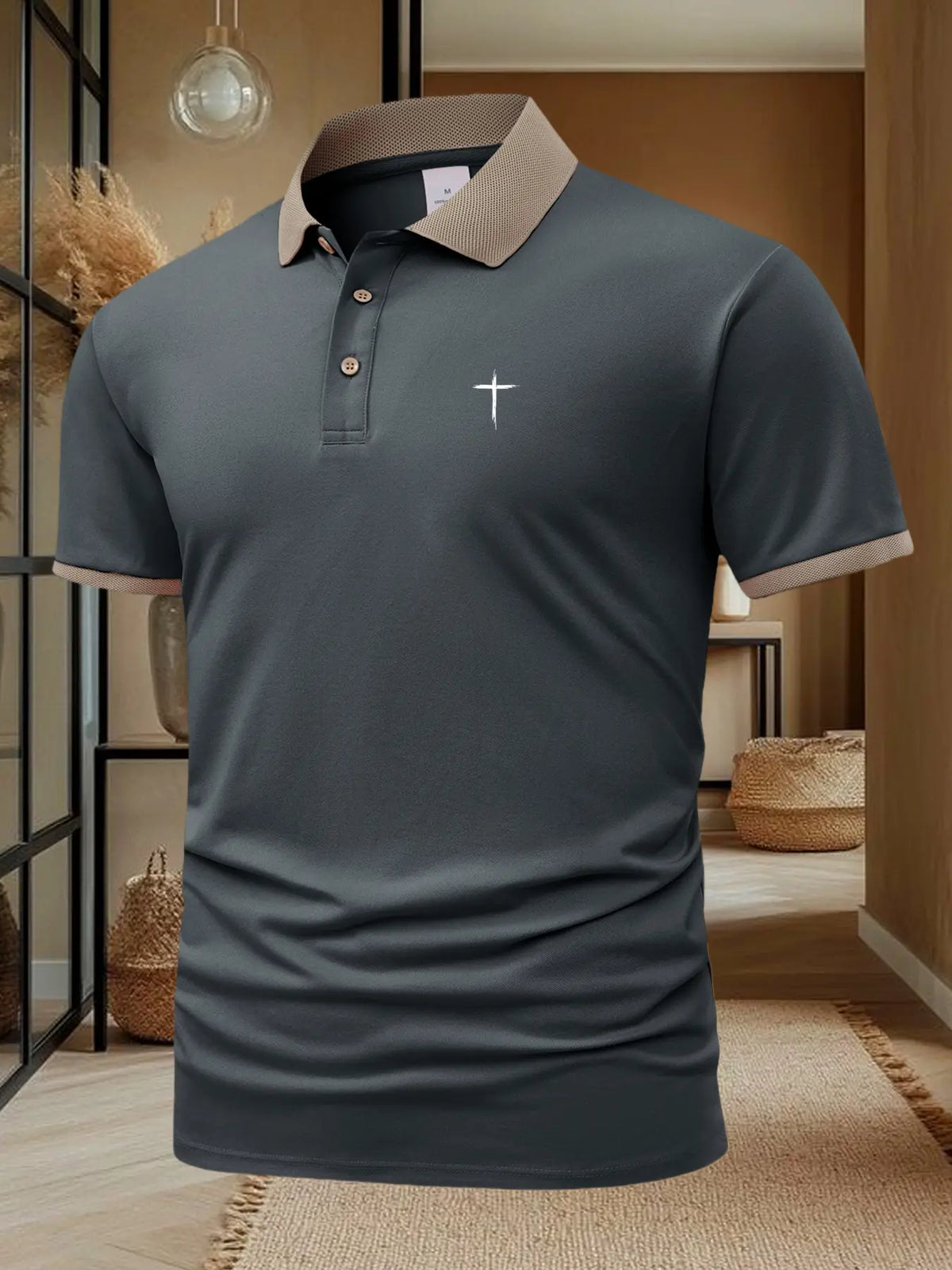 Men's Cross Print Casual Classic Short Sleeve Polo Shirt, Summer Fashion Breathable Top, Stylish Leisure Wear, Perfect Gift Idea