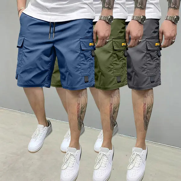 Men's 3-Piece Plain Streetwear Utility Outfits - Hoodie, Multi-Pocket Design Lightweight Mid-Rise Utility Men's Shorts, Comfortable Stylish Outdoor Clothes, Suitable for Everyday Casual & Sports Wear, Beige, Multi-Pocket Design Men's Shorts
