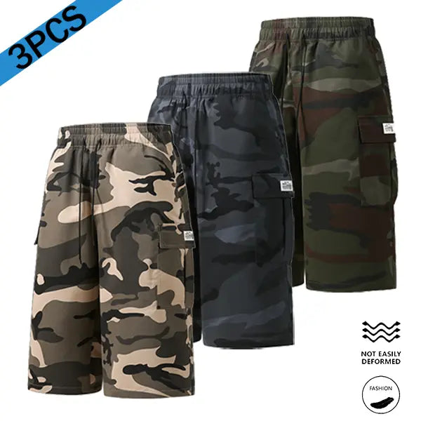 Men’s 3-Pack 7-Inch Cargo Shorts, Vintage Camouflage Army Print Cargo Colorway Menswear, Loose Elastic Waist, Multiple Pockets, Adjustable Bottom for Summer Casual Streetwear, Camouflage Men's Shorts