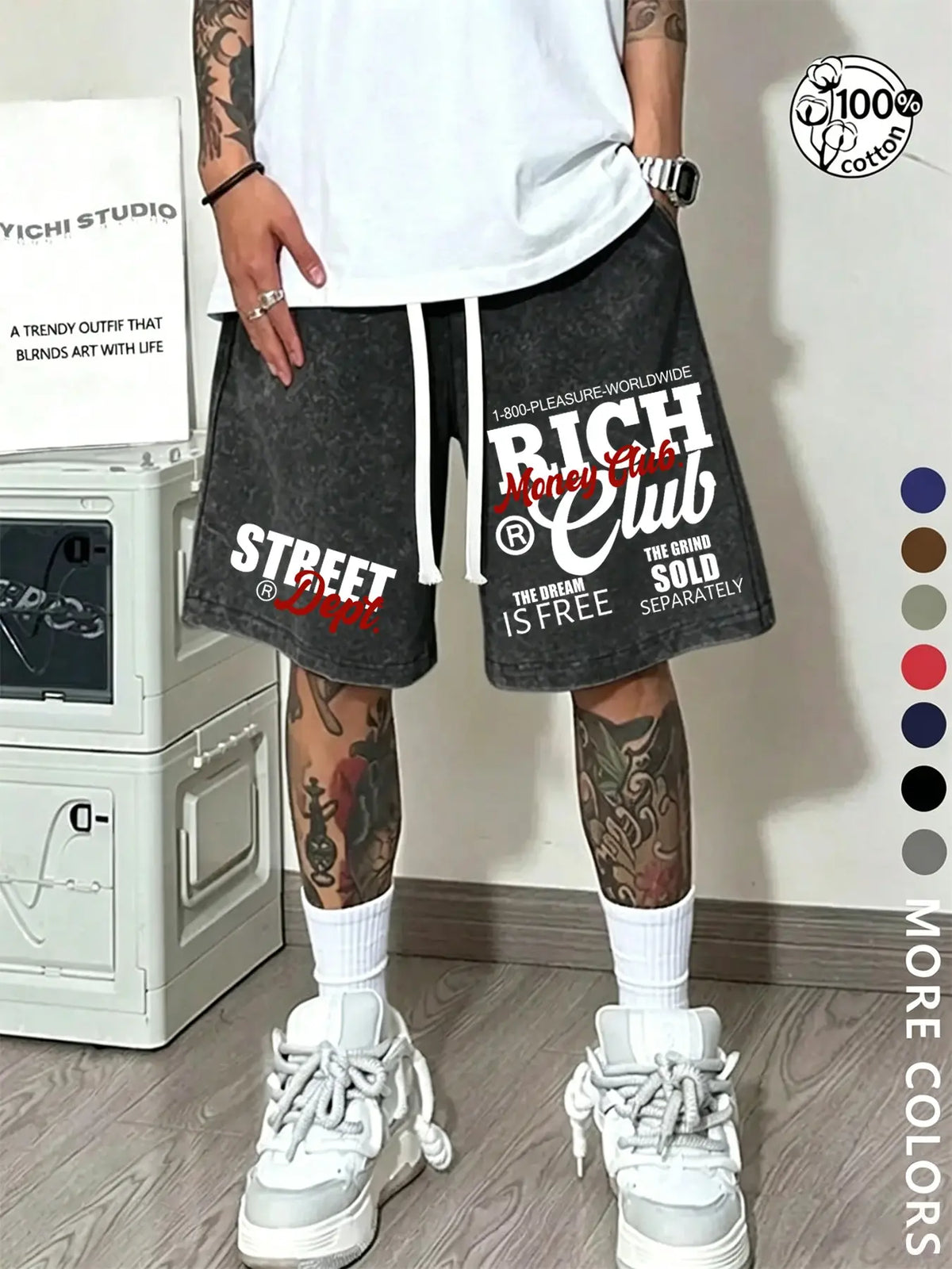 Unisex Street-Style Summer Shorts, Letter Print Shorts, 'Money' Slogan and RICH Lettering, American Hip-Hop Washed Cotton Graphic, Loose-Fit Drawstring Waist, Chic Casual Shorts, Suitable for Streetwear, Couple Outfits, and Everyday Wear