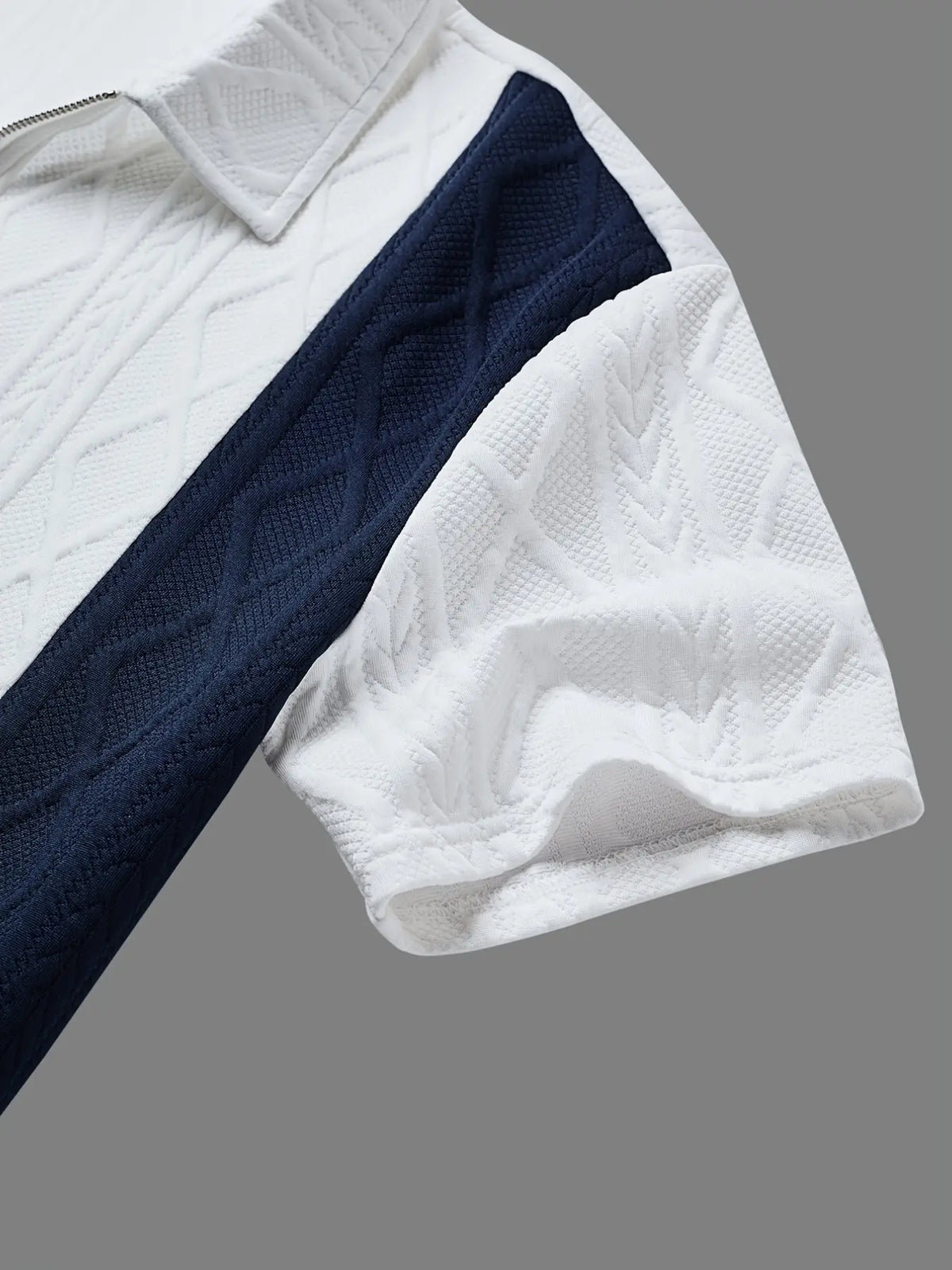 Men's Blue Colorblock Diamond Pattern Knit Polo Shirt, Lightweight Classic Casual Tropical Vacation Style, Zipper Front + Textured Jacquard, Daily/leisure Wear, Knitted Polo Shirt