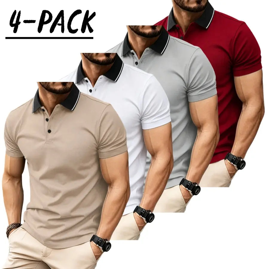 Men’s short sleeve polo shirt set of four pieces with a turn down collar and three buttons; urban casual style with contrast piping at the collar, slim tailored shoulders, and refined bead detailing. Suitable for men’s commuting, shopping, and exploring s