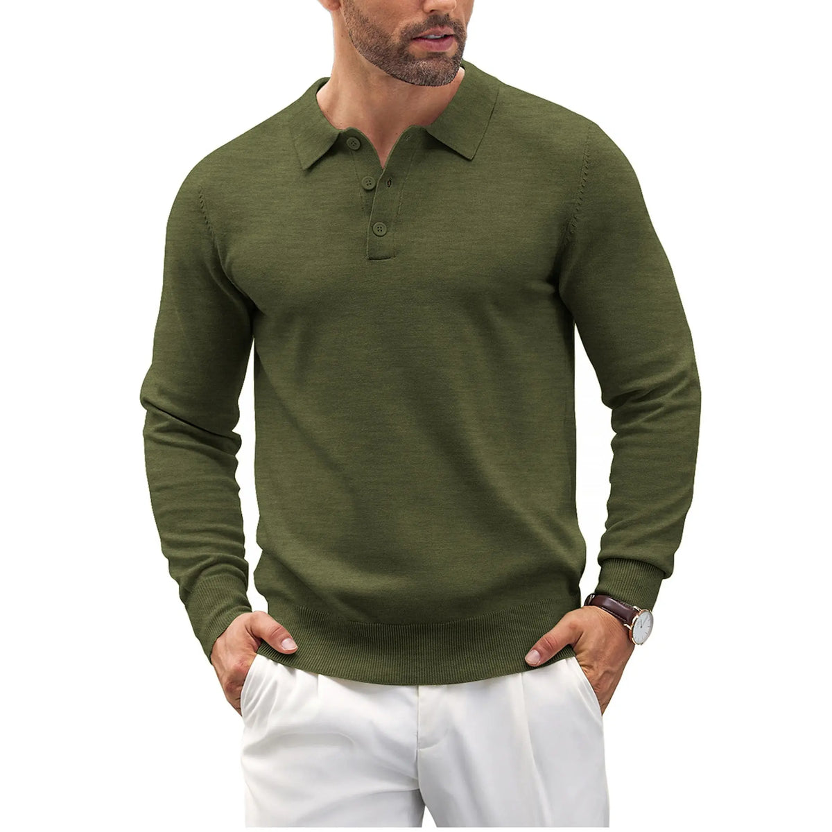 COOFANDY Men's Long Sleeve Knit Polo - Casual Button Down Golf Shirts for Men Formal Quarter