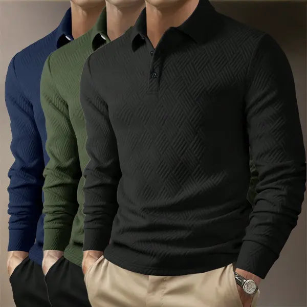 Men's Fitted 3-Piece Set Jacquard Pattern Heavyweight Fabric Button-Front Long Sleeve Polo Shirt - Ideal for Daily Commutes, Business Office Work