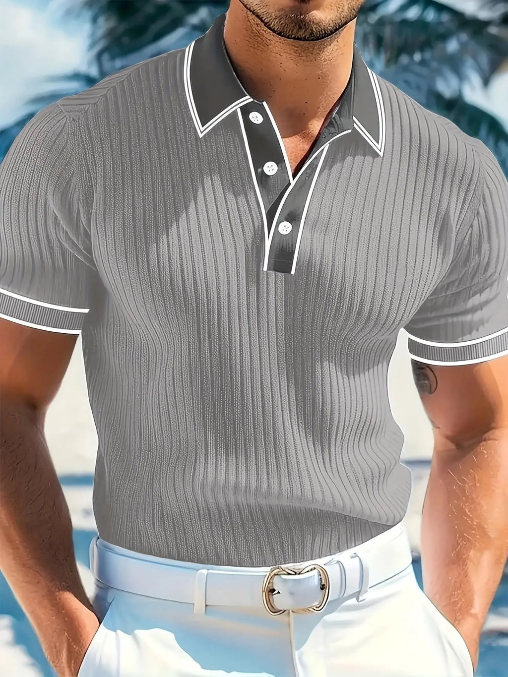 Men's Striped Contrast-Collar Knit Polo Golf Shirt, Skin-Friendly Fabric, Business Casual Style Top for Commuting and Leisure for Daily Wear, Casual Golf Polos, Knitted Polo Shirts