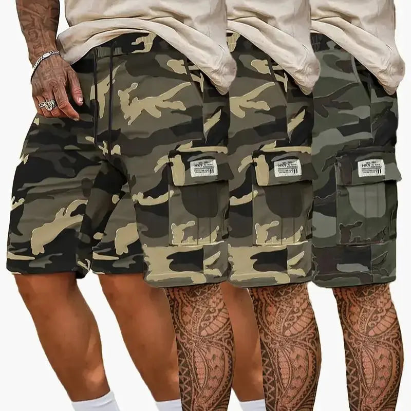 Camouflage Twill Pocket Shorts Three-Piece Set Men's Casual Khaki Green Black Trousers Suitable For Daily Wear Outfit Menswear mens shorts shorts for summer essential shorts bop shorts Breathable Drawstring Shorts streetwear sport