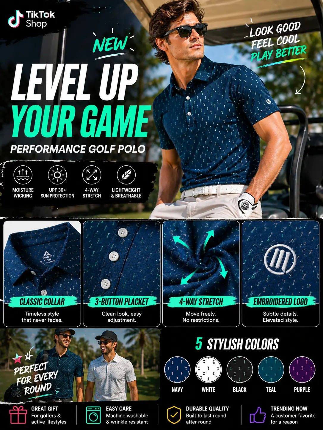 ZITY Men’s 3-Pack Short Sleeve Unique Prints Button Polo Shirts - 4-Way Stretch, Breathable, Moisture Wicking, Cool Touch, UPF 30+ Protection, Casual Outdoors/Party Top - Check Size Chart, Holiday Gifts for Boyfriend
