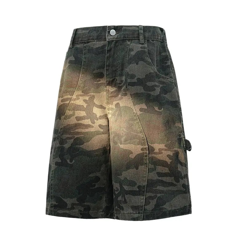 Men’s Retro Camouflage Military Cargo Shorts, H-Type Loose Wide-Leg Fold-Over Street-Style Bottoms with Firm Hand-Feel, Suitable for Casual Outdoor Wear, Commuting and Parties, Party