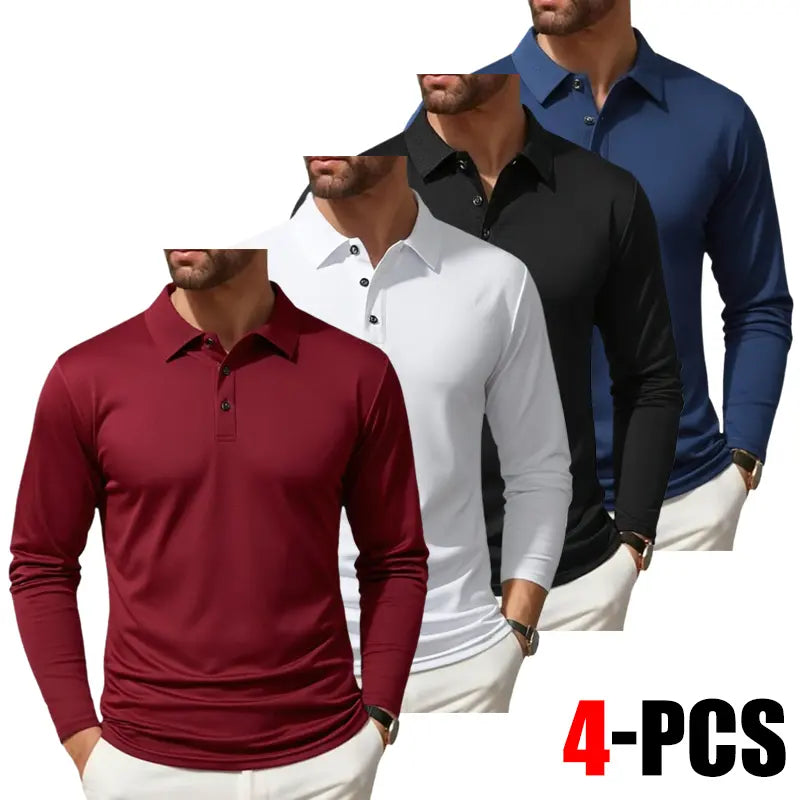 Clean Gent 4-Piece Men's Long Sleeve Polo Shirt, Soft and Comfortable Men's Golf Shirt, Casual Long Sleeve Classic POLO Shirt, Button Front Blouse, Elastic Fashion Men's Clothing, All Seasons