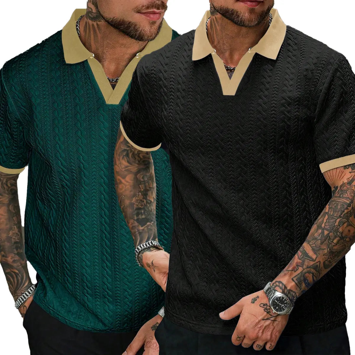 Men’s Cream V-Neck Polyester Knit Polo Shirt - Contrast-Color, Short-Sleeve, Textured, Retro-Style, Fitted Cut, Medium Length Male Clothing for Casual Commuting, Moire Stripes