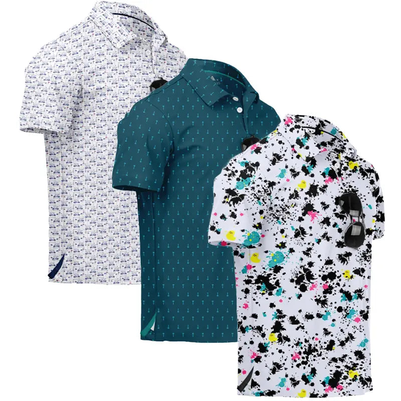 ZITY Men’s 3-Pack Short Sleeve Unique Prints Button Polo Shirts - 4-Way Stretch, Breathable, Moisture Wicking, Cool Touch, UPF 30+ Protection, Casual Outdoors/Party Top - Check Size Chart, Holiday Gifts for Boyfriend