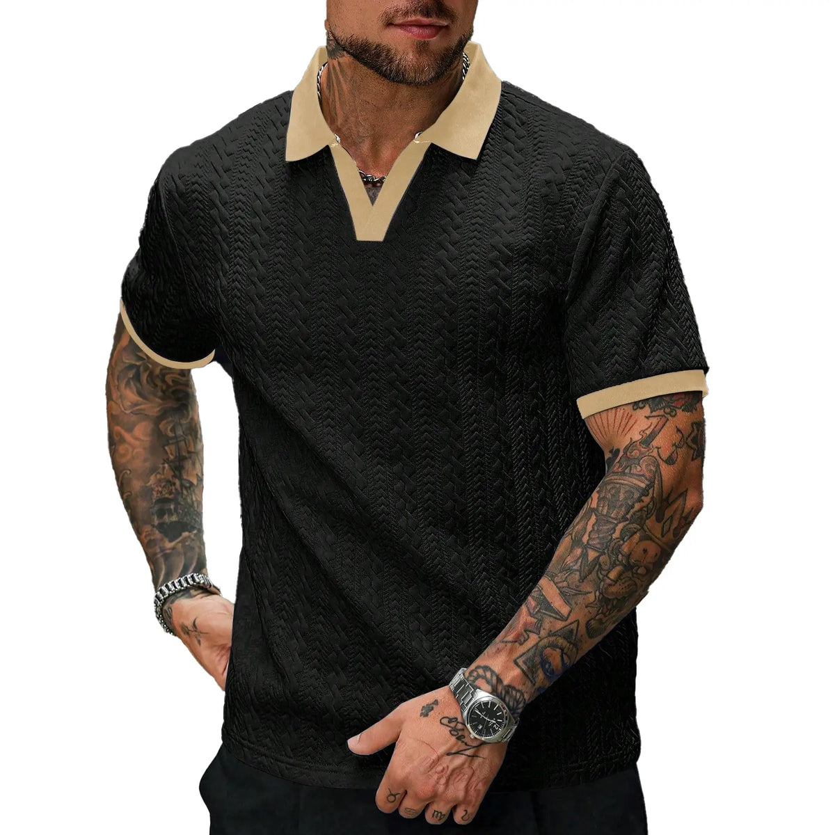 Men’s Cream V-Neck Polyester Knit Polo Shirt - Contrast-Color, Short-Sleeve, Textured, Retro-Style, Fitted Cut, Medium Length Male Clothing for Casual Commuting, Moire Stripes