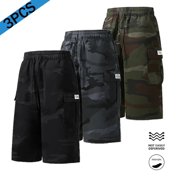 Men’s 3-Pack 7-Inch Cargo Shorts, Vintage Camouflage Army Print Cargo Colorway Menswear, Loose Elastic Waist, Multiple Pockets, Adjustable Bottom for Summer Casual Streetwear, Camouflage Men's Shorts