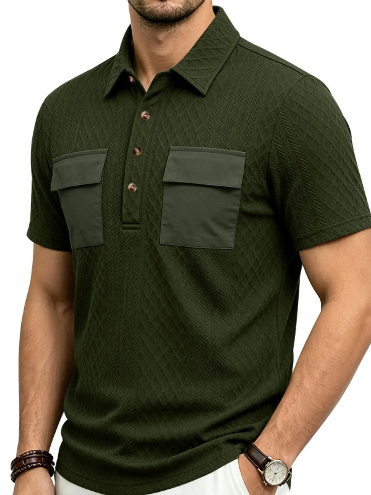Men's Summer Breathable Polo Shirts, Dual Chest Pocket Design, Button Placket, Breathable Short Sleeve, Classic Street Style, Office, Casual Wear, Top, Streetwear Polo Shirt, Breathable Summer Polos