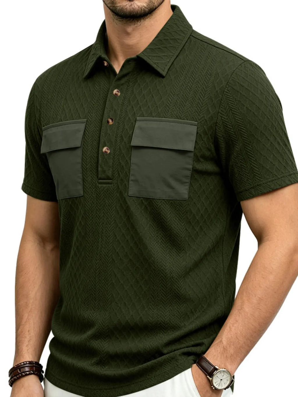 Men's Summer Breathable Polo Shirts, Dual Chest Pocket Design, Button Placket, Breathable Short Sleeve, Classic Street Style, Office, Casual Wear, Top, Streetwear Polo Shirt, Breathable Summer Polos