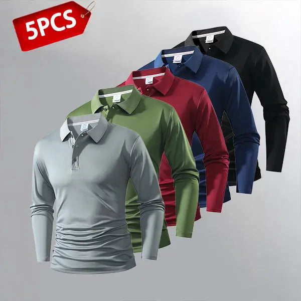 Men’s long-sleeve polo shirt, five-pack, turn-down collar, three-button placket, solid color, business casual long-sleeve top