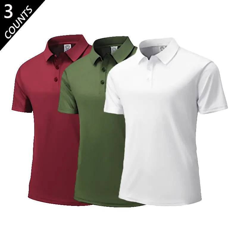 Men's 3-Pack Plain Polo Shirts - Fitted Top with Soft Breathable 100% Polyester Fabric, Short Sleeves, Classic Collar, Button Front, Ideal for Work, Golf